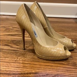 Jimmy Choo Snakeskin Nude Patent Peep Toe Pumps